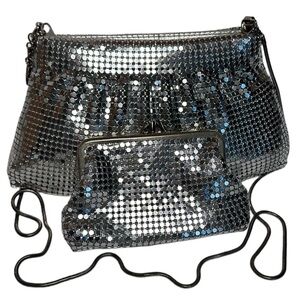 DISCO 80s SET SILVER MESH METAL purse and change purse with snake metal strap